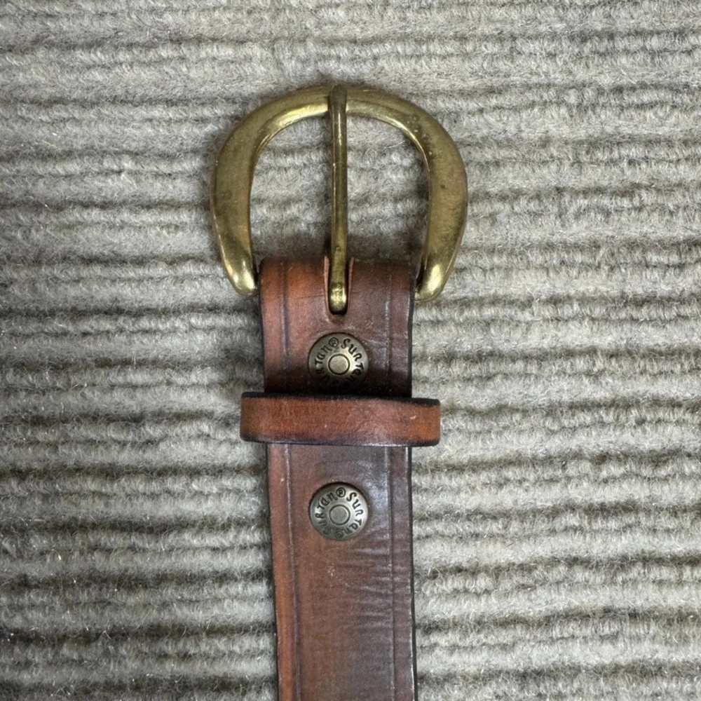 Surtane Brown Leather Belt Brass Buckle Made in USA Vintage Style Size 44-48